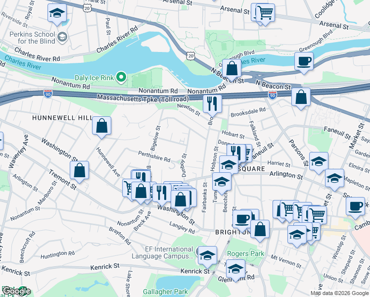 map of restaurants, bars, coffee shops, grocery stores, and more near 61 Dunboy Street in Boston