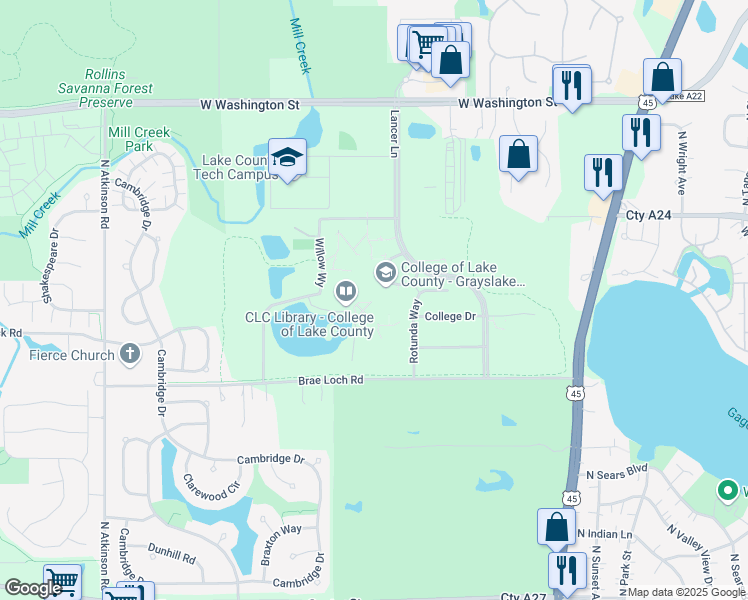 map of restaurants, bars, coffee shops, grocery stores, and more near 19351 West Washington Street in Grayslake