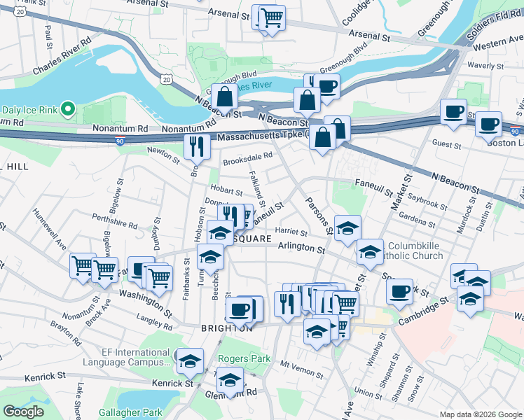 map of restaurants, bars, coffee shops, grocery stores, and more near 191 Faneuil Street in Boston