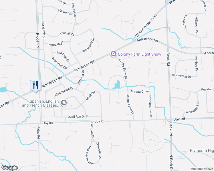 map of restaurants, bars, coffee shops, grocery stores, and more near 48140 Colony Farm Circle in Plymouth