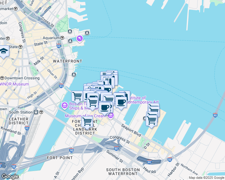 map of restaurants, bars, coffee shops, grocery stores, and more near 50 Liberty Drive in Boston