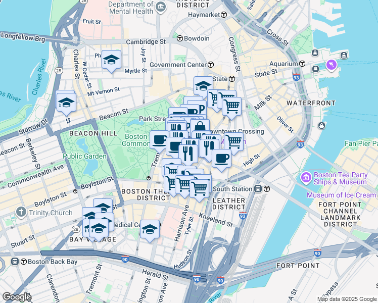 map of restaurants, bars, coffee shops, grocery stores, and more near 8 Harrison Avenue in Boston