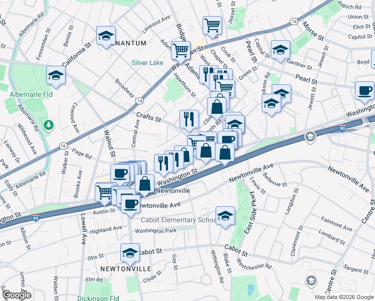 map of restaurants, bars, coffee shops, grocery stores, and more near 39 Court Street in Newton