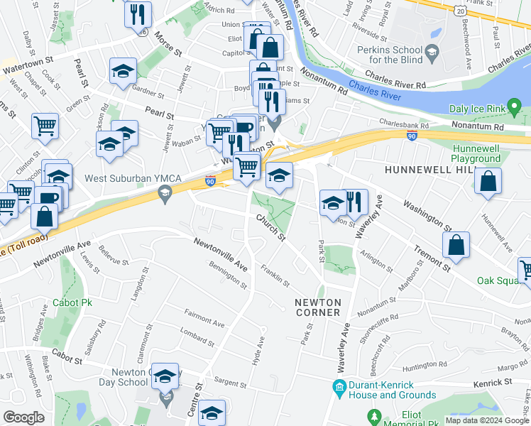 map of restaurants, bars, coffee shops, grocery stores, and more near 474 Centre Street in Newton