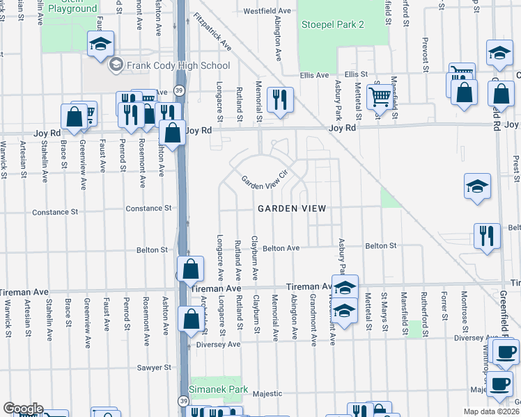 map of restaurants, bars, coffee shops, grocery stores, and more near 18401 Woodmont Avenue in Detroit