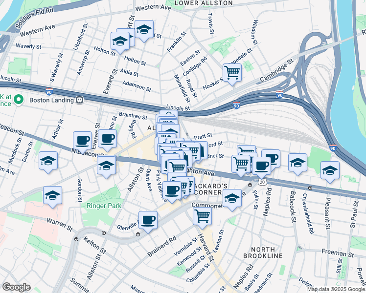 map of restaurants, bars, coffee shops, grocery stores, and more near 9 Farrington Avenue in Boston