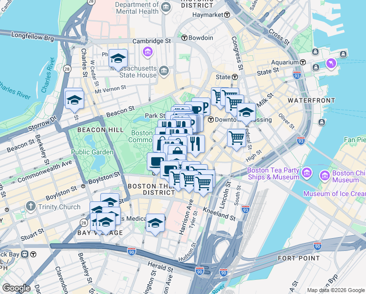 map of restaurants, bars, coffee shops, grocery stores, and more near 539 Washington Street in Boston