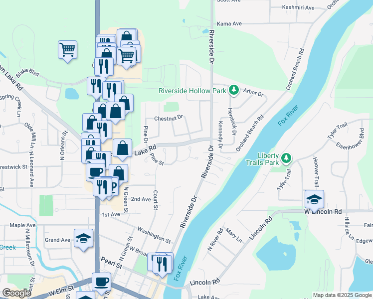 map of restaurants, bars, coffee shops, grocery stores, and more near 1706 Pine Street in McHenry