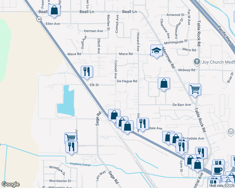 map of restaurants, bars, coffee shops, grocery stores, and more near 2496 Connell Avenue in Medford