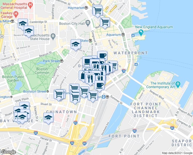 map of restaurants, bars, coffee shops, grocery stores, and more near 175 Federal Street in Boston