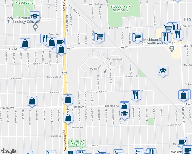 map of restaurants, bars, coffee shops, grocery stores, and more near 18401 Woodmont Avenue in Detroit
