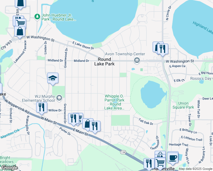 map of restaurants, bars, coffee shops, grocery stores, and more near 319 Fairlawn Drive in Round Lake Park