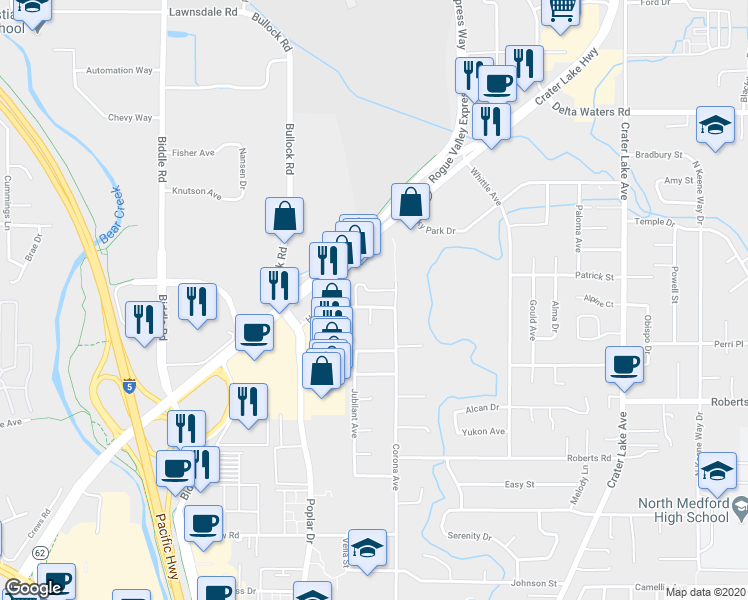 map of restaurants, bars, coffee shops, grocery stores, and more near 2529 Corona Avenue in Medford