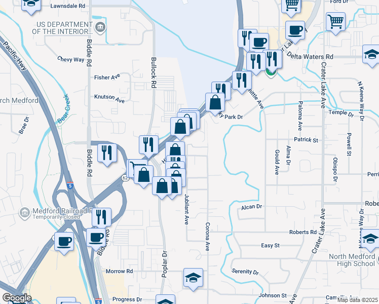 map of restaurants, bars, coffee shops, grocery stores, and more near 2529 Corona Avenue in Medford