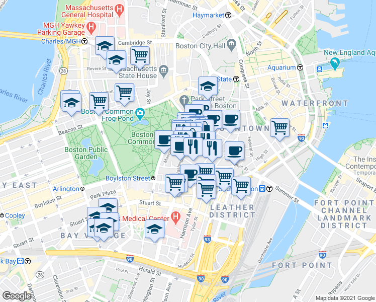 map of restaurants, bars, coffee shops, grocery stores, and more near 8 Harrison Avenue in Boston