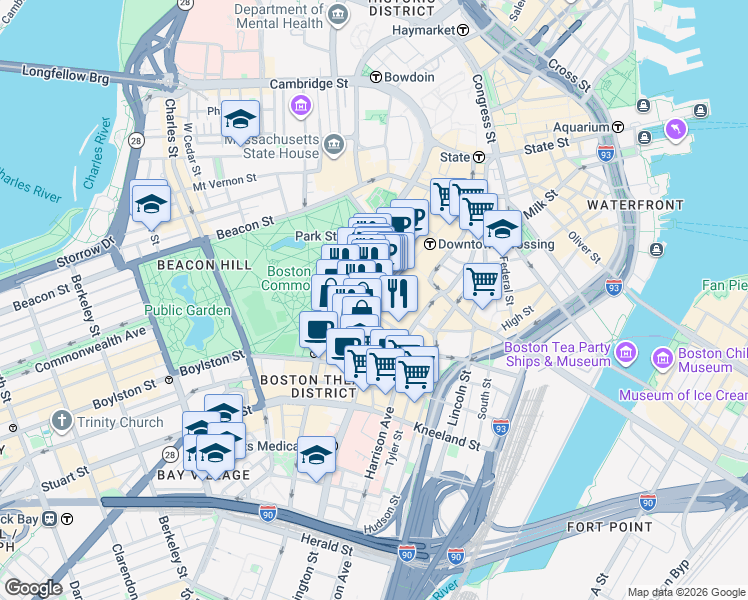 map of restaurants, bars, coffee shops, grocery stores, and more near 539 Washington Street in Boston