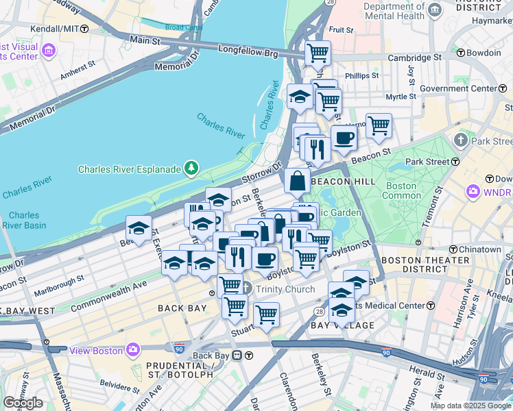 map of restaurants, bars, coffee shops, grocery stores, and more near 62 Marlborough Street in Boston