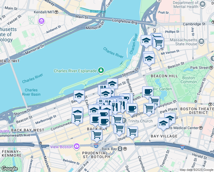 map of restaurants, bars, coffee shops, grocery stores, and more near in Boston