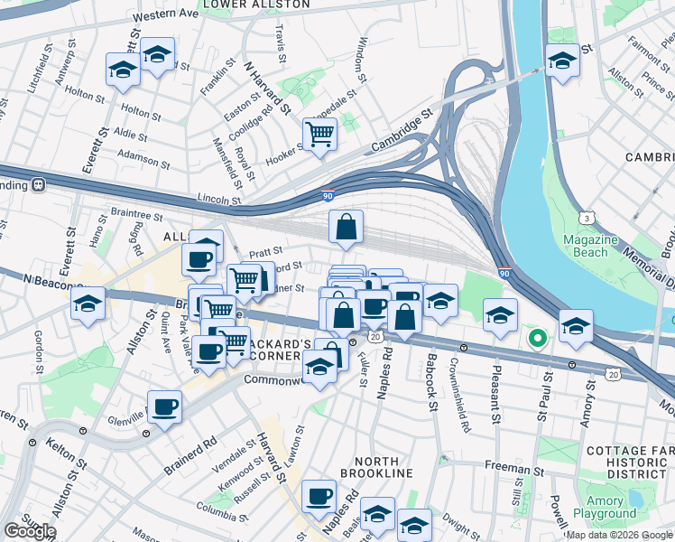 map of restaurants, bars, coffee shops, grocery stores, and more near 69 Ashford Street in Boston