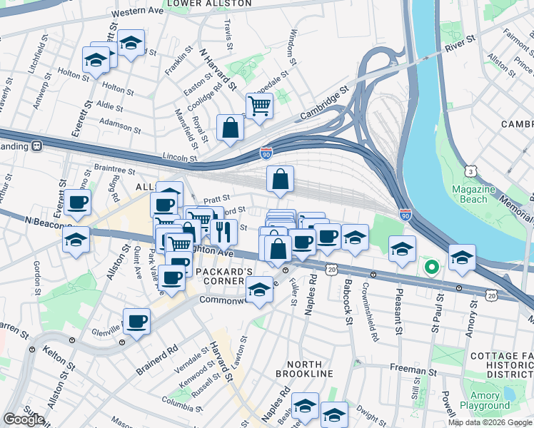 map of restaurants, bars, coffee shops, grocery stores, and more near 72 Gardner Street in Boston