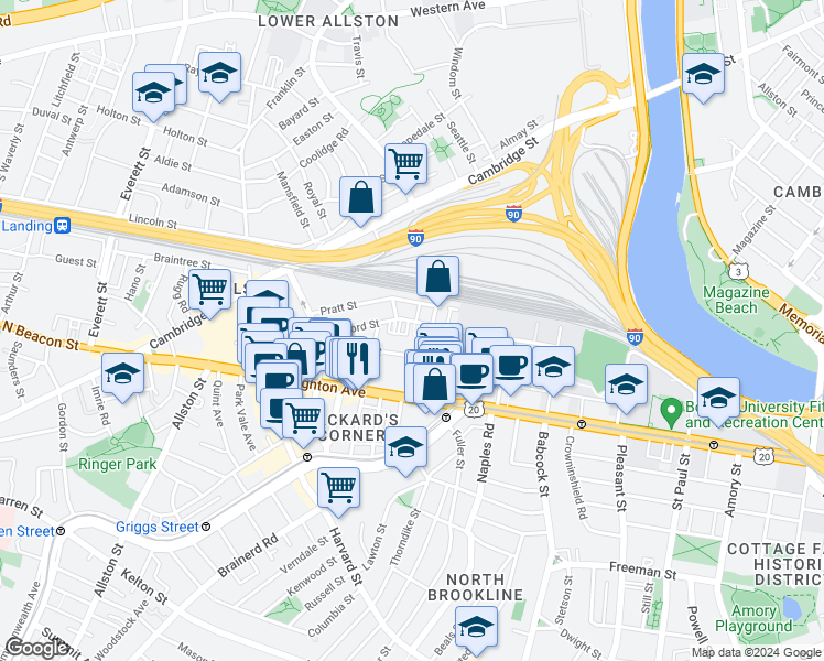map of restaurants, bars, coffee shops, grocery stores, and more near 72 Gardner Street in Boston