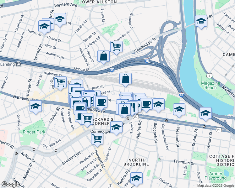 map of restaurants, bars, coffee shops, grocery stores, and more near 72 Gardner Street in Boston