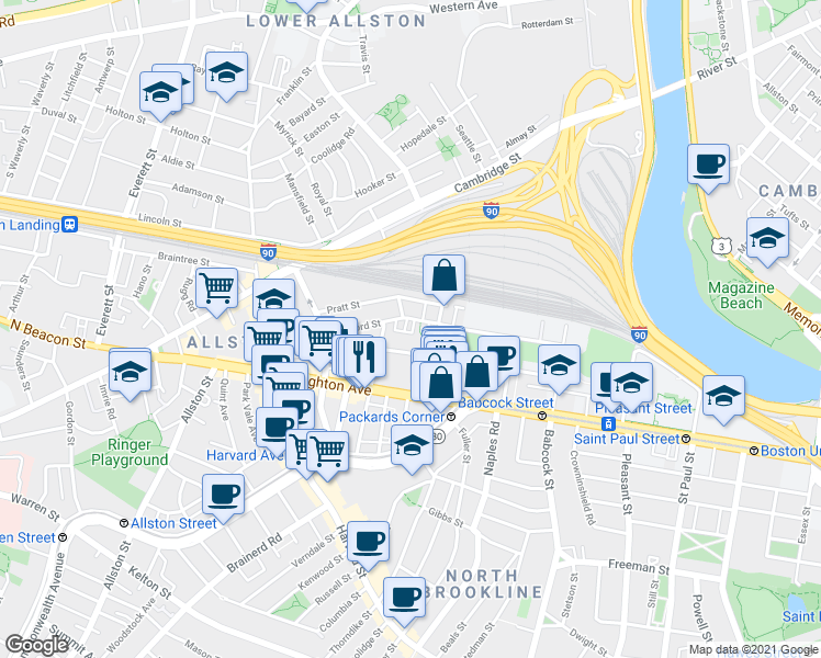 map of restaurants, bars, coffee shops, grocery stores, and more near 72 Gardner Street in Boston