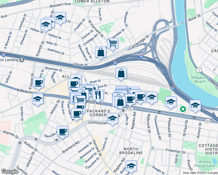 map of restaurants, bars, coffee shops, grocery stores, and more near 72 Gardner Street in Boston