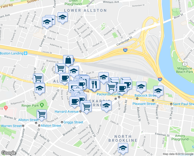 map of restaurants, bars, coffee shops, grocery stores, and more near in Boston