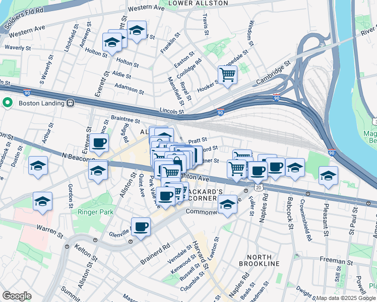 map of restaurants, bars, coffee shops, grocery stores, and more near 44 Linden Street in Boston