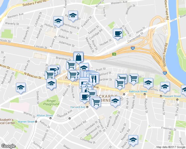 map of restaurants, bars, coffee shops, grocery stores, and more near 44 Linden Street in Boston