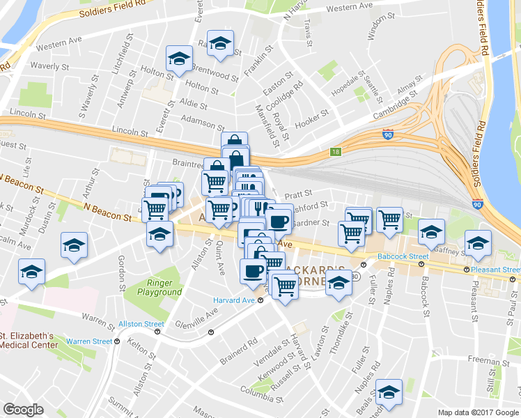 map of restaurants, bars, coffee shops, grocery stores, and more near 9 Farrington Avenue in Boston