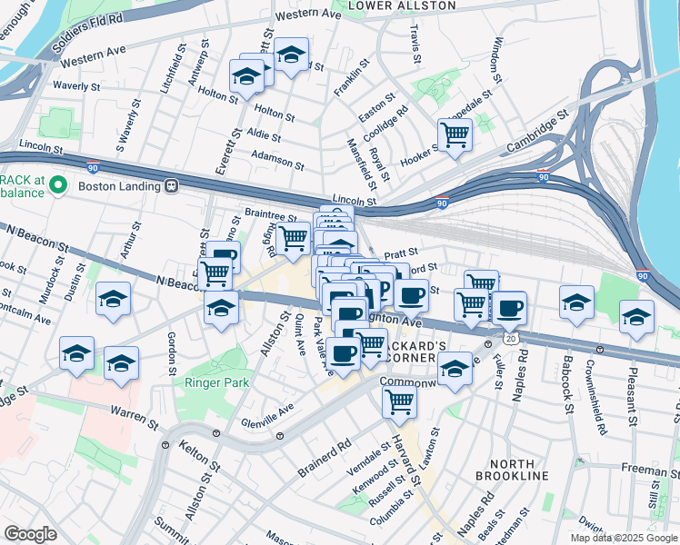 map of restaurants, bars, coffee shops, grocery stores, and more near 9 Farrington Avenue in Boston