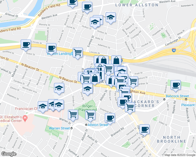 map of restaurants, bars, coffee shops, grocery stores, and more near in Boston