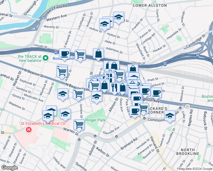 map of restaurants, bars, coffee shops, grocery stores, and more near in Boston