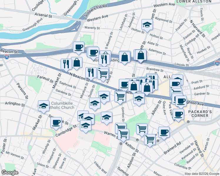 map of restaurants, bars, coffee shops, grocery stores, and more near 68 Saunders Street in Boston