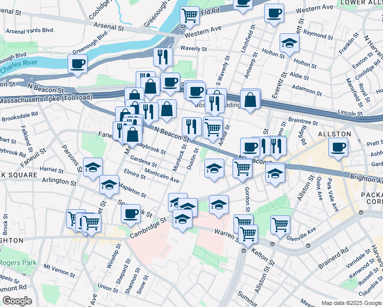 map of restaurants, bars, coffee shops, grocery stores, and more near 104 Dustin Street in Boston