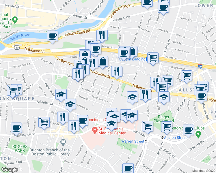map of restaurants, bars, coffee shops, grocery stores, and more near 55 Saybrook Street in Boston