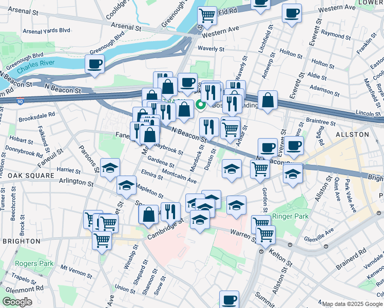 map of restaurants, bars, coffee shops, grocery stores, and more near 55 Saybrook Street in Boston