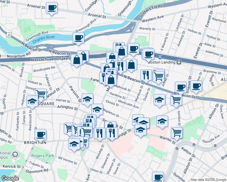 map of restaurants, bars, coffee shops, grocery stores, and more near 14-16 Gardena Street in Boston