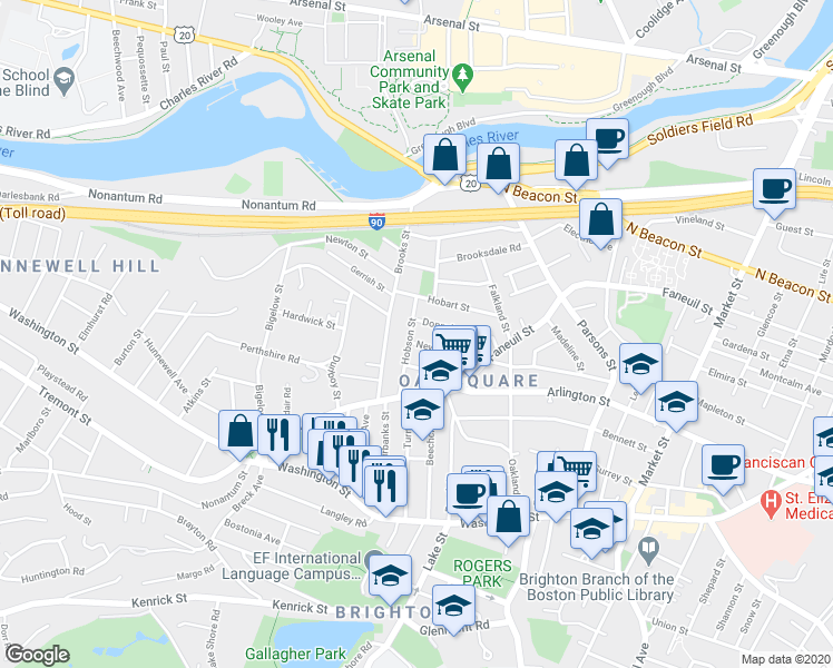 map of restaurants, bars, coffee shops, grocery stores, and more near 43 Newcastle Road in Boston