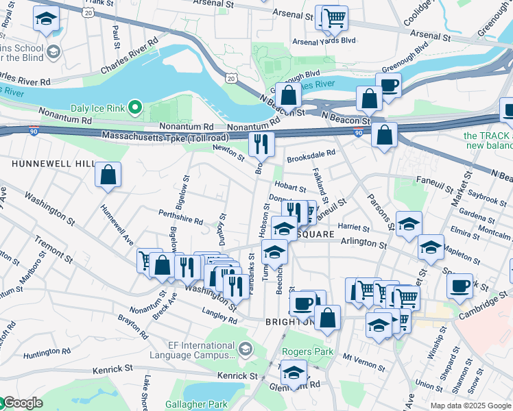 map of restaurants, bars, coffee shops, grocery stores, and more near 103 Brooks Street in Boston