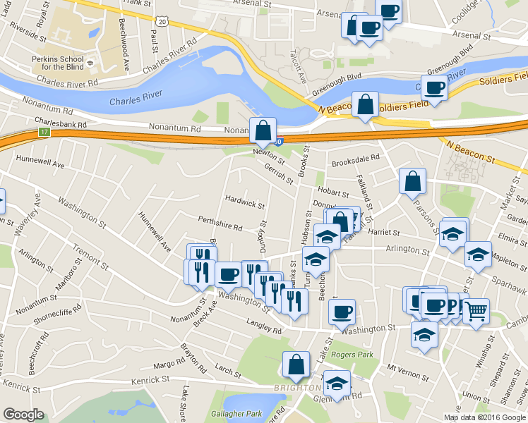 map of restaurants, bars, coffee shops, grocery stores, and more near 61 Dunboy Street in Boston