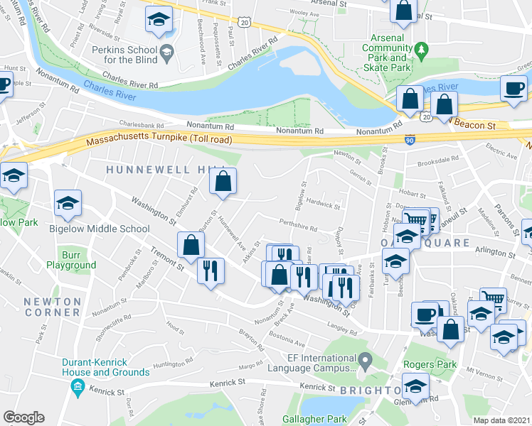 map of restaurants, bars, coffee shops, grocery stores, and more near 82 Perthshire Road in Boston