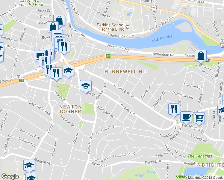 map of restaurants, bars, coffee shops, grocery stores, and more near 42 Whittemore Road in Newton
