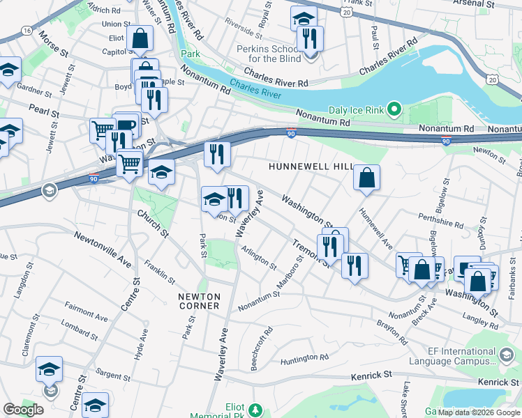 map of restaurants, bars, coffee shops, grocery stores, and more near 42 Whittemore Road in Newton