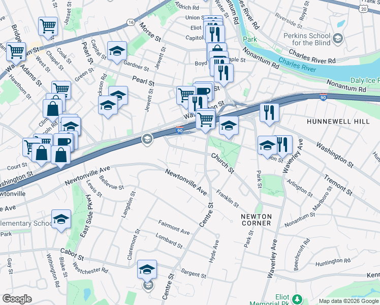 map of restaurants, bars, coffee shops, grocery stores, and more near 14 Maple Avenue in Newton