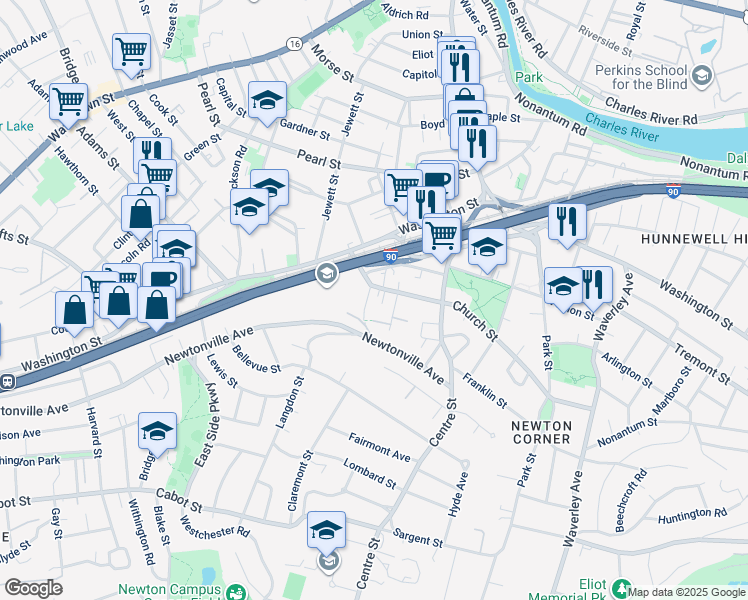 map of restaurants, bars, coffee shops, grocery stores, and more near 21 Oakland Street in Newton