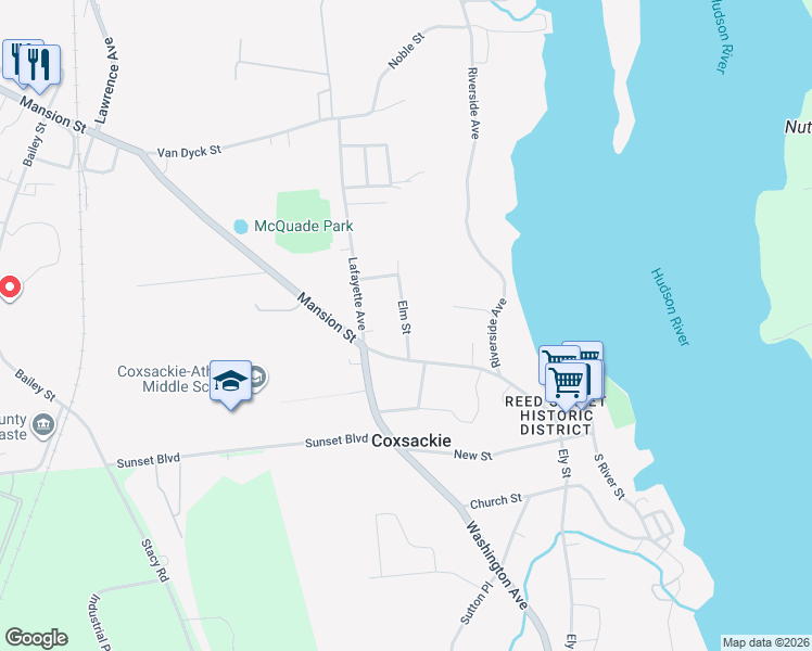 map of restaurants, bars, coffee shops, grocery stores, and more near 1-5 Elm Street in Coxsackie