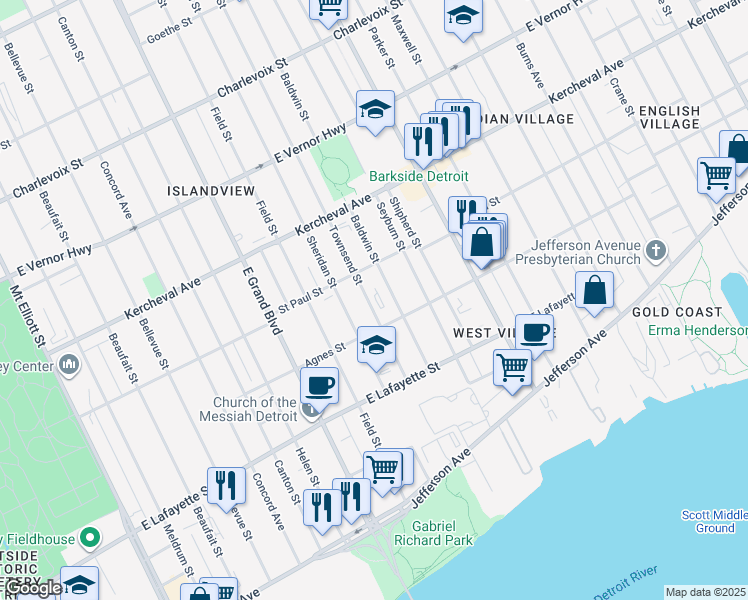 map of restaurants, bars, coffee shops, grocery stores, and more near 1456 Sheridan Street in Detroit